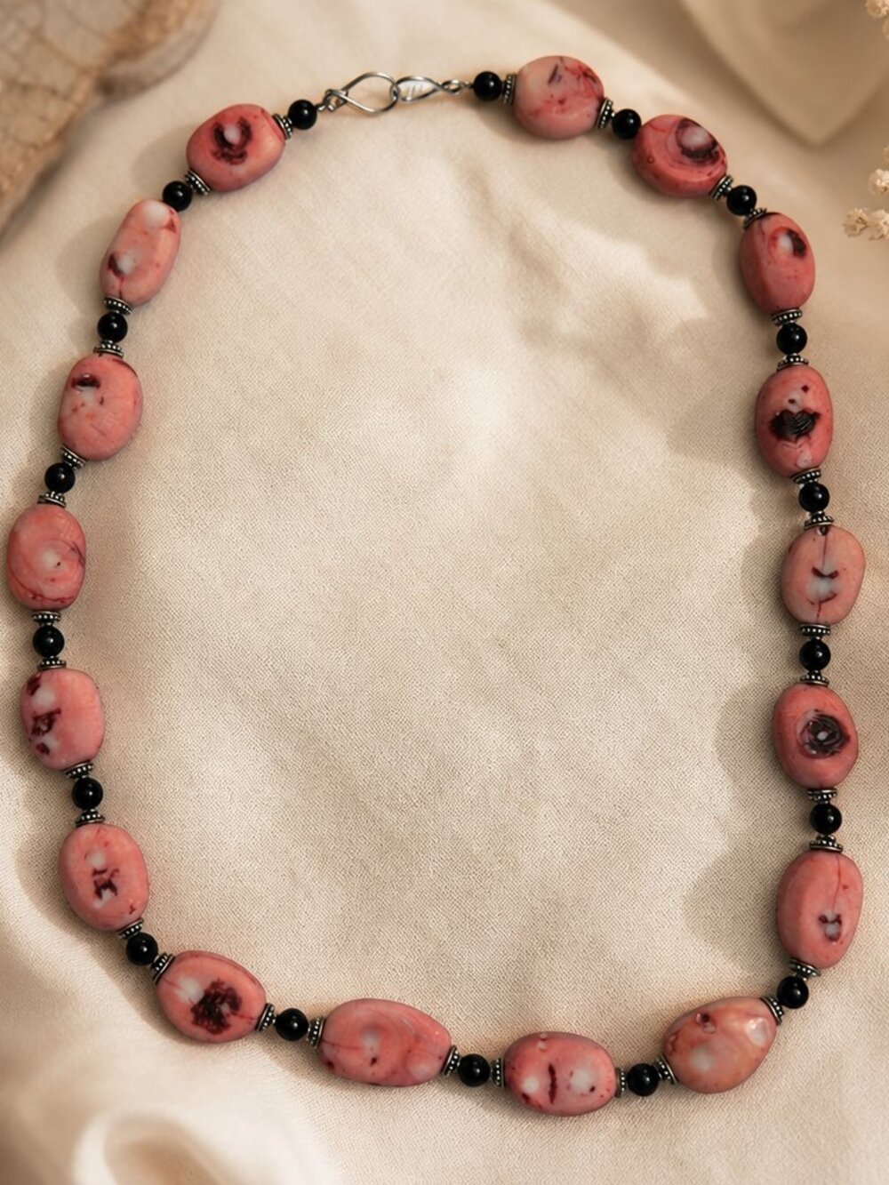 Chunky Coral and Black Bead Statement Necklace 30.5”